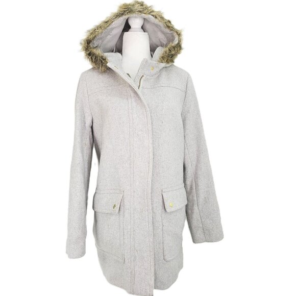 J. Crew Gray Wool Vail Fur Hooded Parka Coat Long Jacket Women Size 14 - Picture 4 of 11
